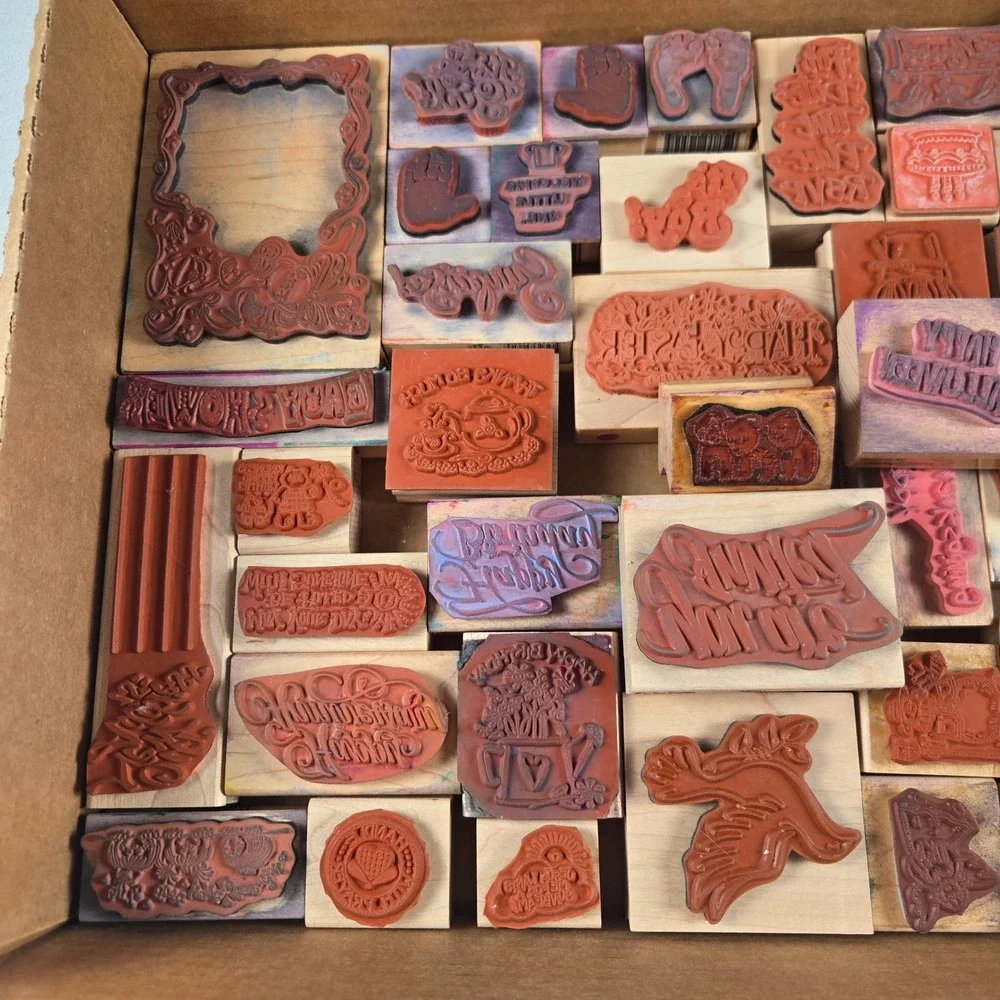 Vintage Wood Mounted Rubber Stamps Lot 40+ Baby Wedding Holiday Sentiments